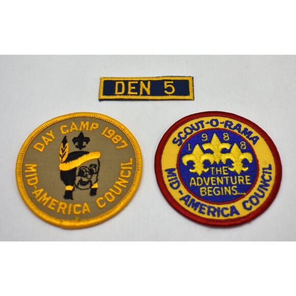 BSA Den 5,1987 Day Camp,1988 Scout-O-Rama Mid-America Council Boy Scout Patches - Picture 1 of 5